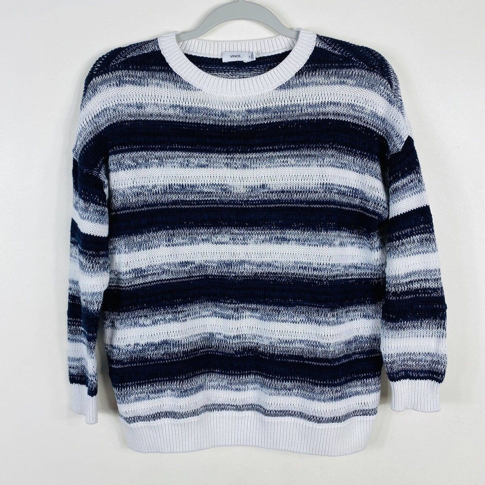 Vince Size XS Ombre Stripe Pullover Crewneck Sweater Navy Blue White 100% Cotton - Picture 2 of 5